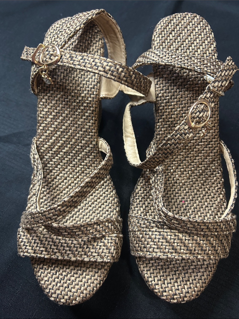 SHEIN Brown Woven Ankle-Strap Sandals with Gold Buckles